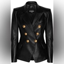 Balmain size 34 women's Black double breasted leather Blazer w/ Gold Buttons