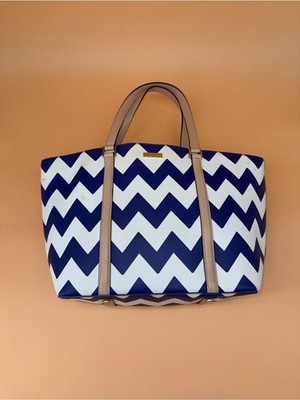 Kate Spade Navy Chevron Leather Tote with Tan Straps