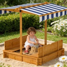 Kids Wooden Sandbox with Adjustable Canopy, Lid, Benches Liner