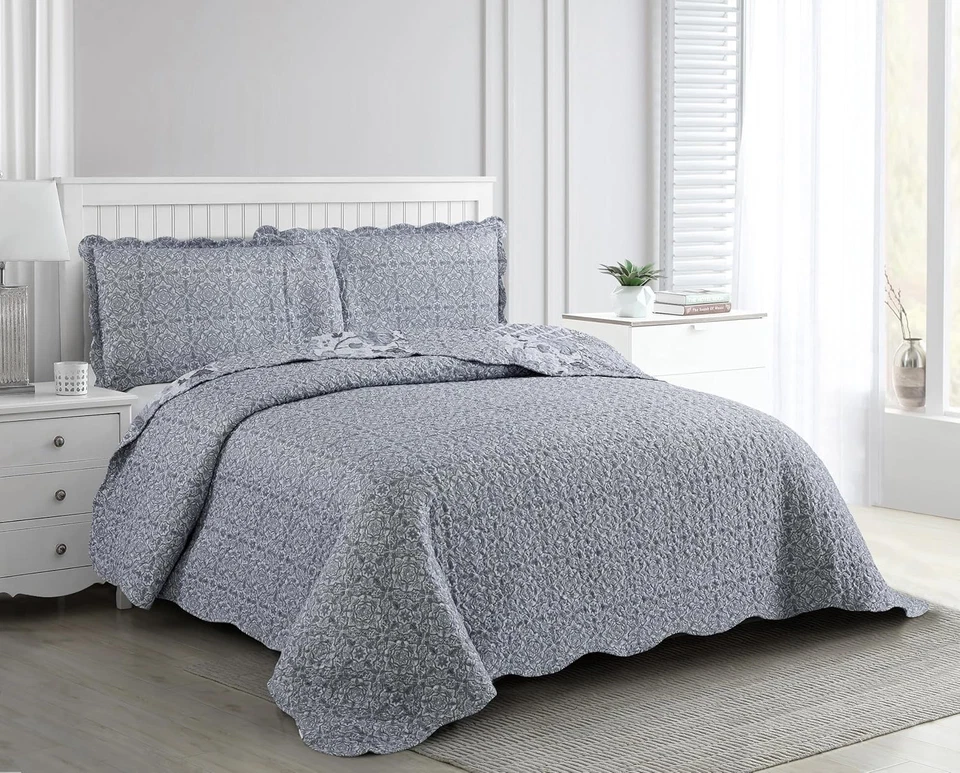 Brilliant Sunshine Grey Flowers Patchwork, Quilt Set King, Medium - Image 2 of 4