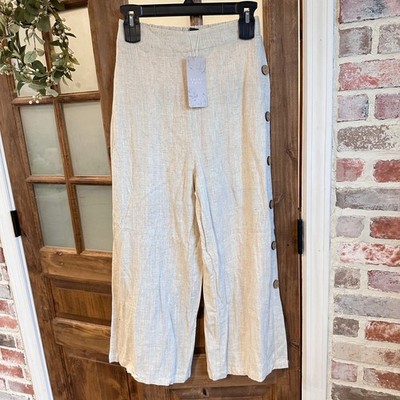 Emery Rose Wide Leg Pants Women Small Beige Linen Blend Side Button Detail NWT