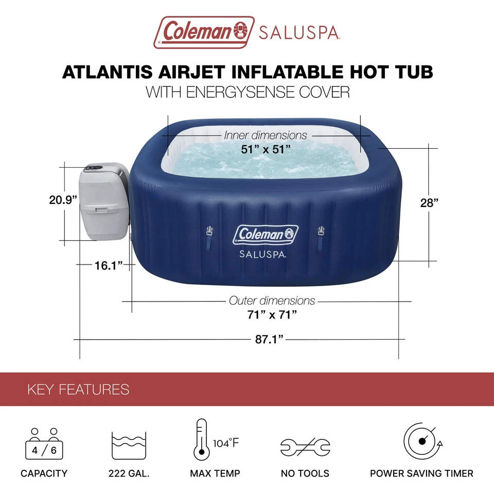 Coleman Atlantis AirJet Square Inflatable Hot Tub with EnergySense Cover, Blue - Image 3 of 4