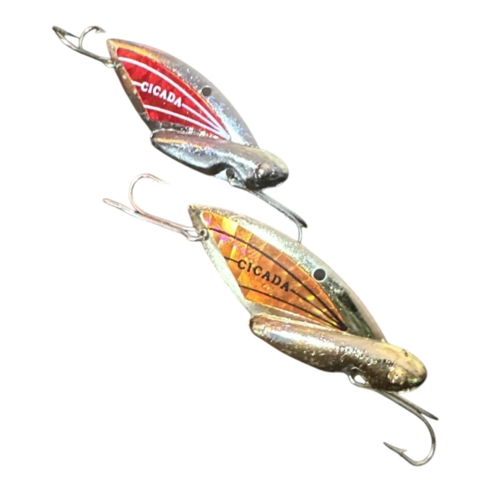 Nuevo de Lote Antiguo Señuelos Reef Runner Cicada Blade Lote de 2 Vibración Rojo y Naranja Bicho-Like Foto 2 de 4