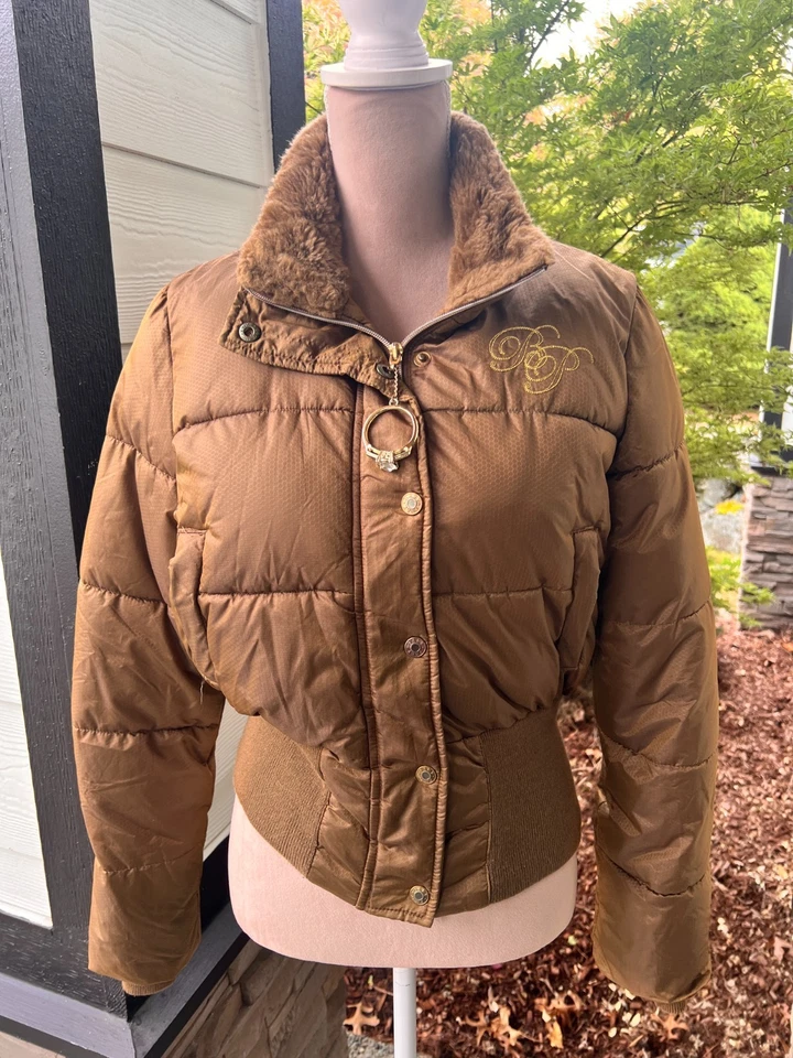 Chaqueta acolchada vintage Y2K Baby Phat marrón pequeño anillo brillante tirador de cremallera Foto 2 de 4