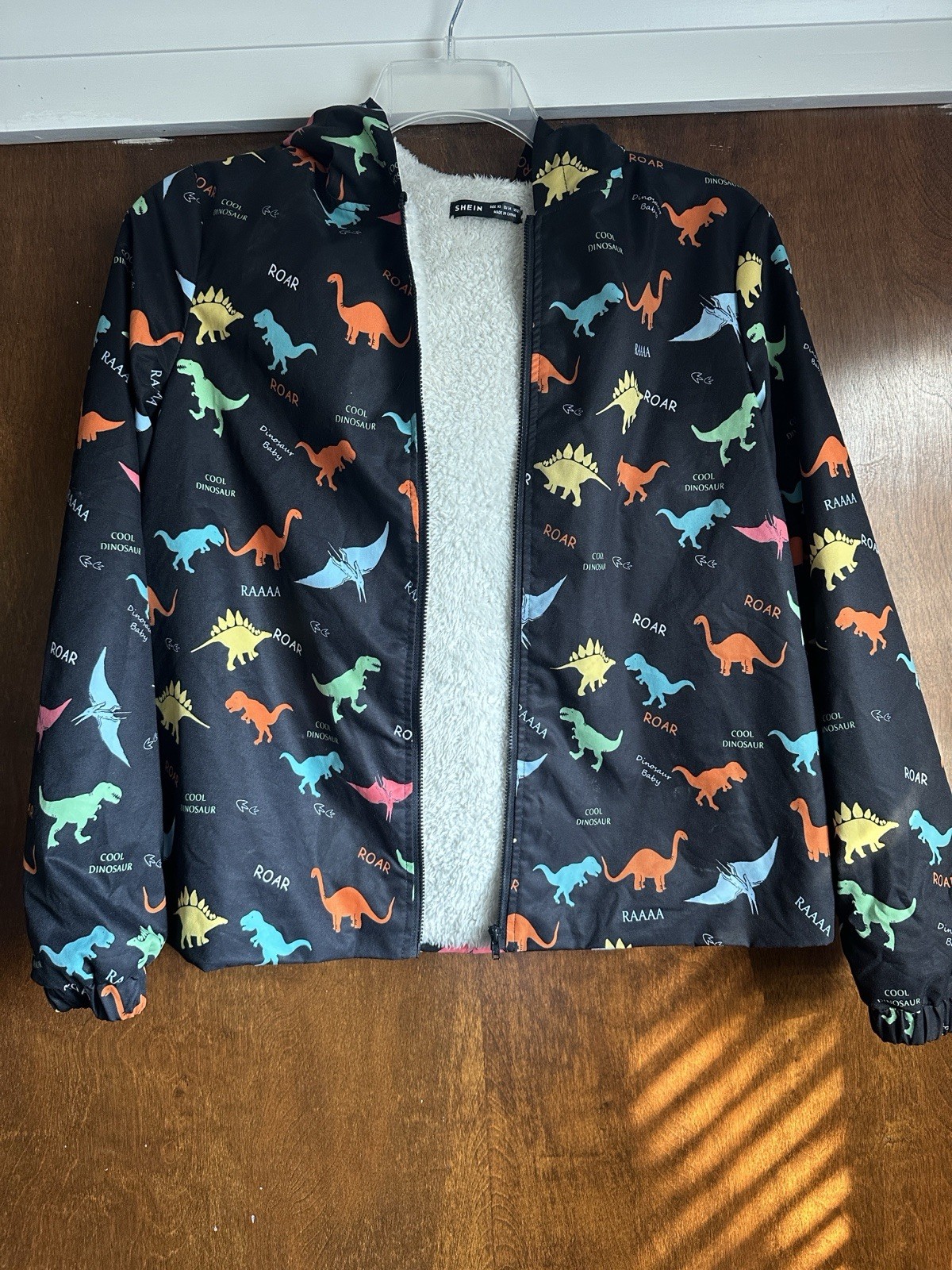 SHEIN Unisex Kids XS Black Dinosaur Hooded Full Zip Fleece Lined Jacket