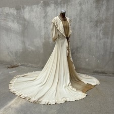 Vintage 1930s White Crepe Gown Puff Sleeves Bias Cut Long Train Ribbon Dress