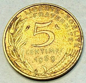 1969 France 5 Five Centimes Actual Coin