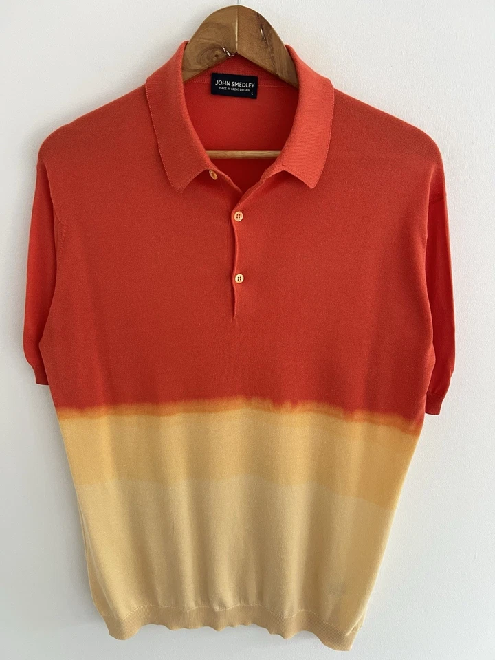 John Smedley Polo Shirt Size L Large Mens Orange Ombre Regular Short Sleeve — 第 3/4 张图片