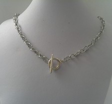 Silver Tone embossed paperclip chain toggle clasp Necklace