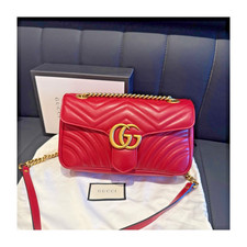 Authentic Gucci GG Marmont Small Matelass Leather Shoulder Bag Red Gold-Tone