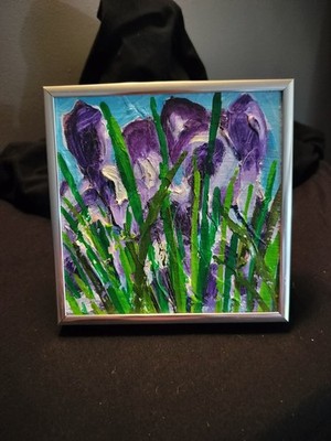 Holzer Fine Art 2001 Original Painting Purple Flowers Textured Impasto Framed