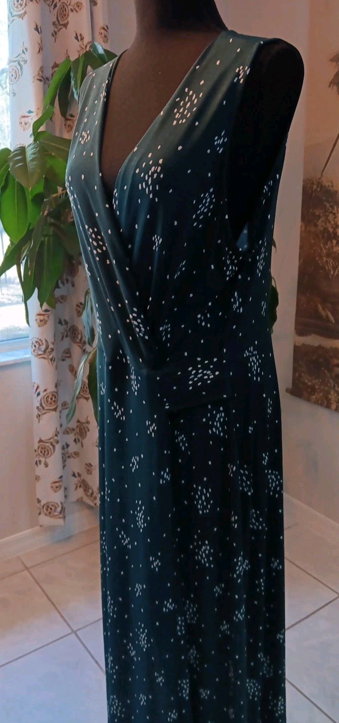 Hailey 23, XXL Sleeveless Faux Wrap Maxi  Dress, Deep Green/White, Abstract Dots