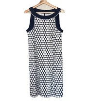 ANN TAYLOR Sz 12 Blue & Cream Polka Dot Silk Sleeveless Knee Length Lined Dress