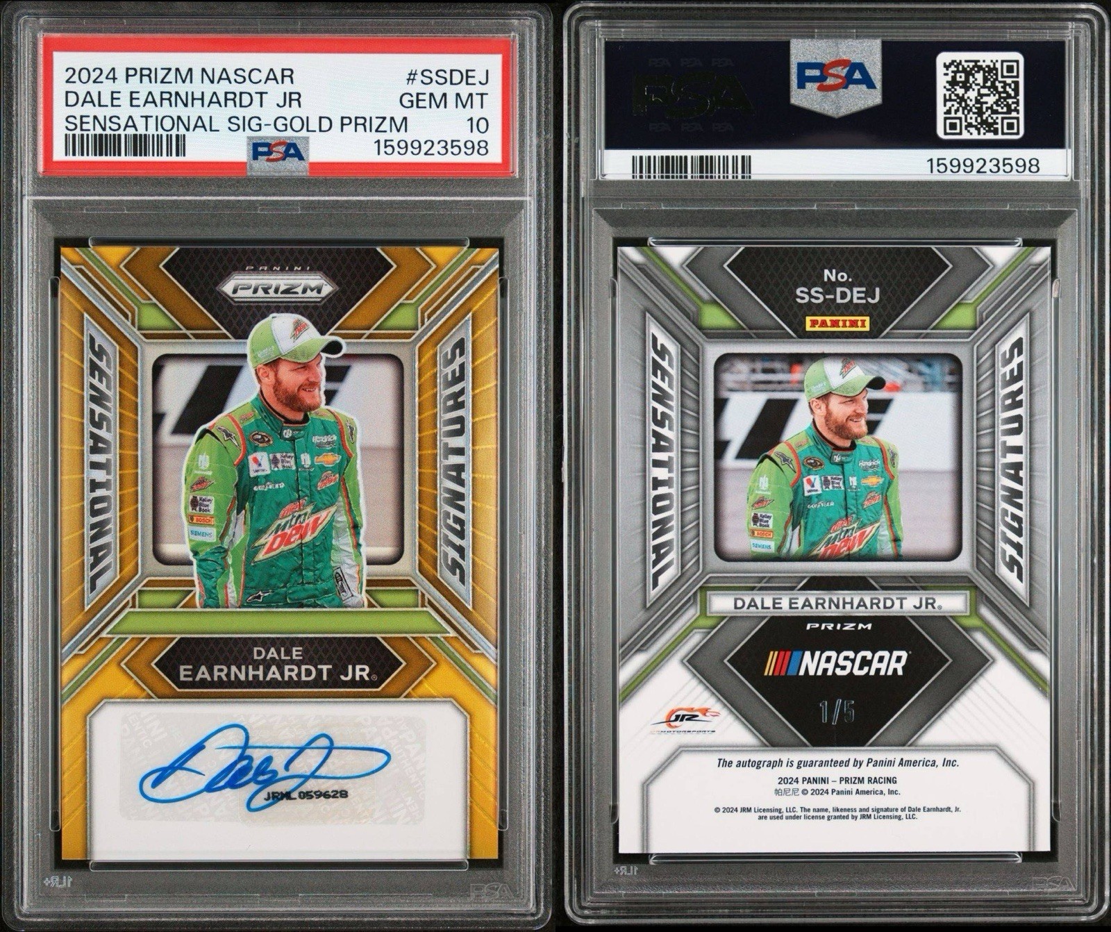 2024 PANINI PRIZM NASCAR SENSATIONAL SIGNATURES GOLD PRIZM Dale Jr /5 PSA 10 view 3