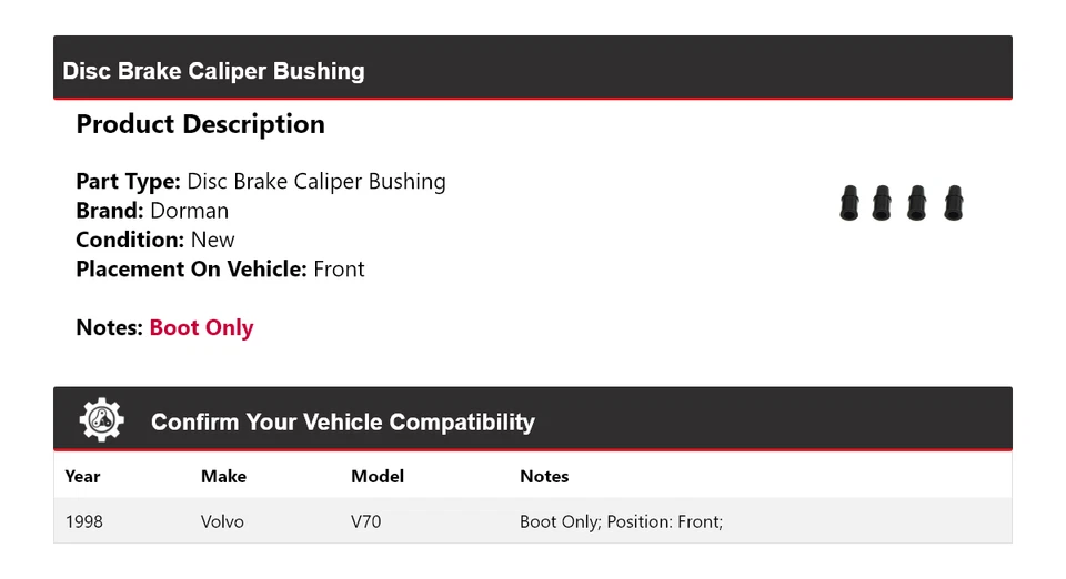 For 1998 Volvo V70 Dorman Disc Brake Caliper Bushing Front - Image 2 of 4