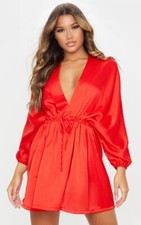 PrettyLittleThing Red Textured Woven Plunge Tie Waist Skater Dress Size 10