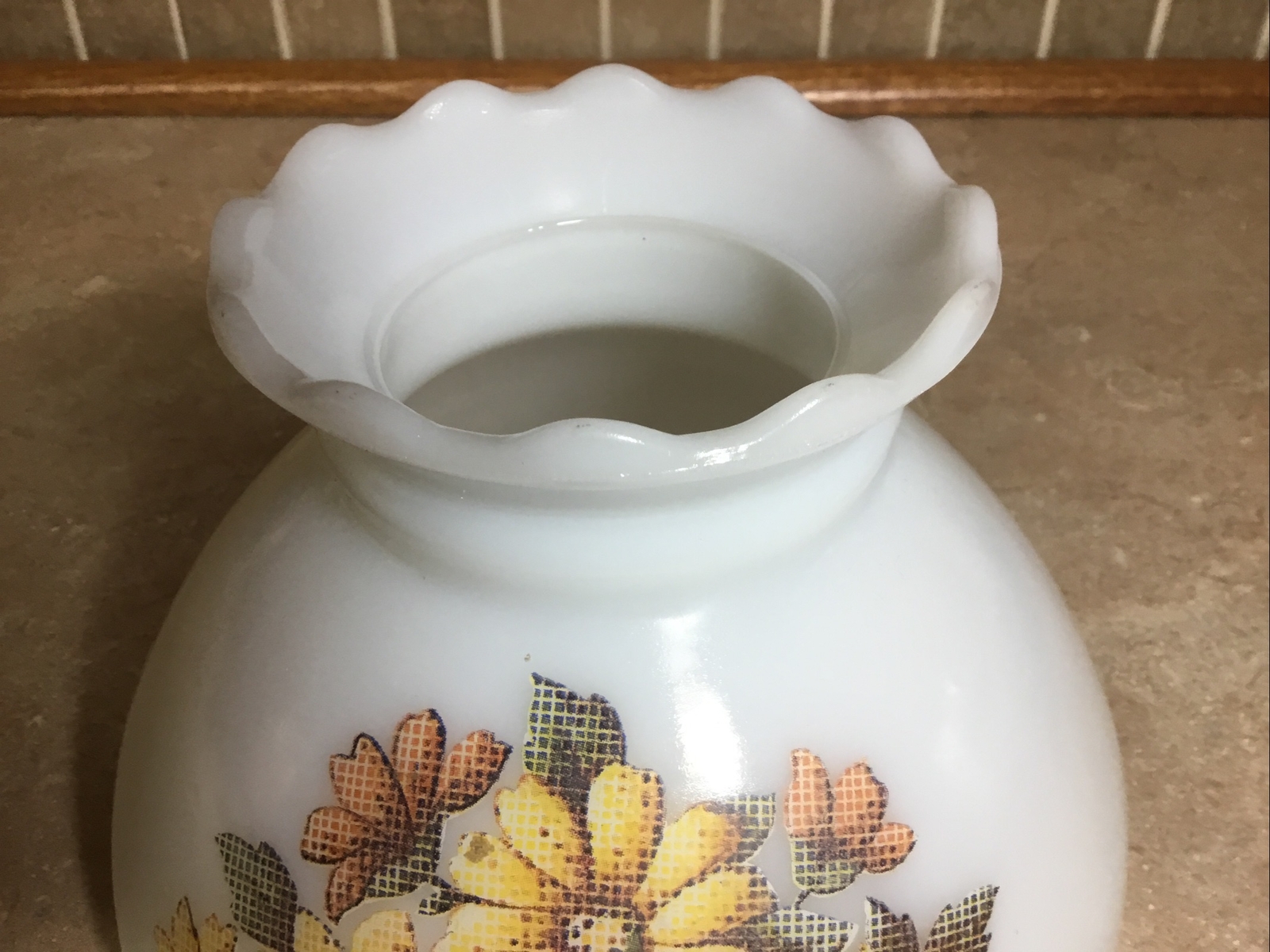 Vintage Milk Glass Ruffled Top Oil Lamp Shade Flowers 8” Fitter Base - 6” Tall