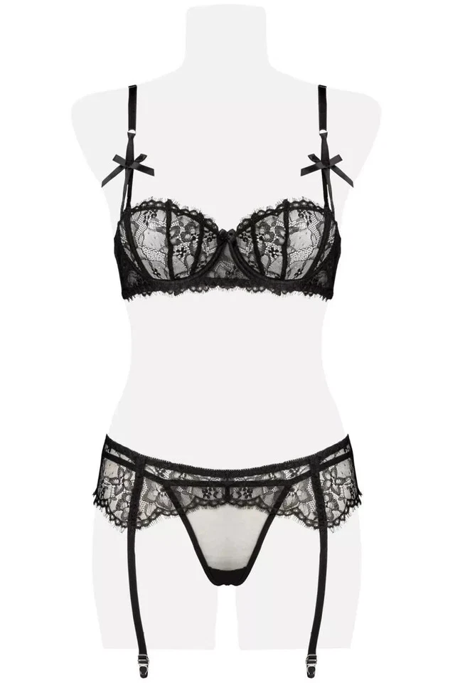 Dessous Set BH, Straps Gürtel mit String aus Tüll und Spitze Schwarz Größe S - Bild 4 von 4