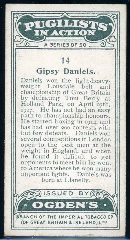 1928 Ogden's Pugilists In Action Boxing #14 Gipsy Daniels Tobacco - Image 2 of 2