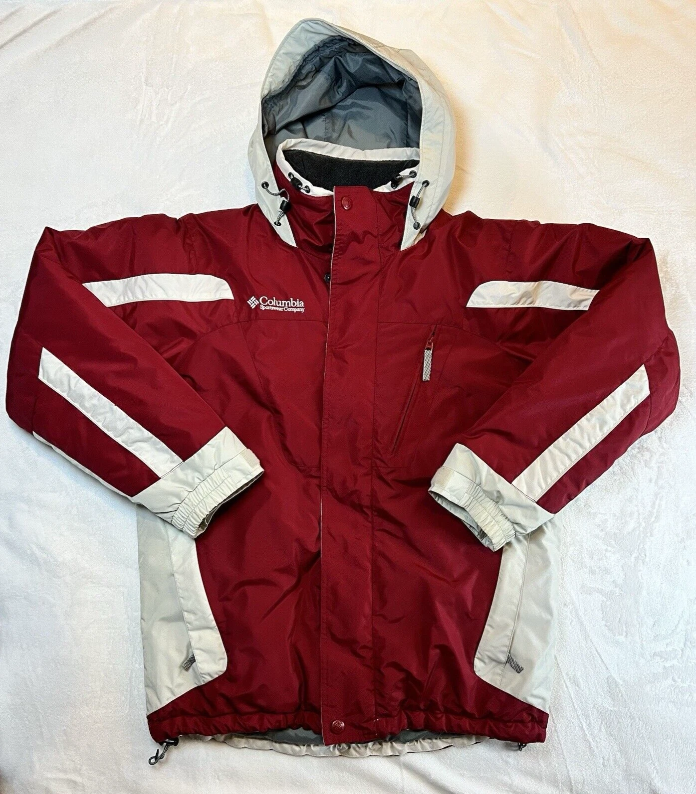 Vintage Columbia Mens Small Full Zip Hooded Winter Jacket Red Beige