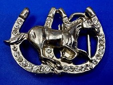 Running Horse Two Lucky Horseshoes Rhinestone Accented Silver Color Belt Buckle