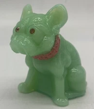 Solid Glass Bull Dog Figurine w/eyes & Red Collar - Jade - Mosser Glass, USA