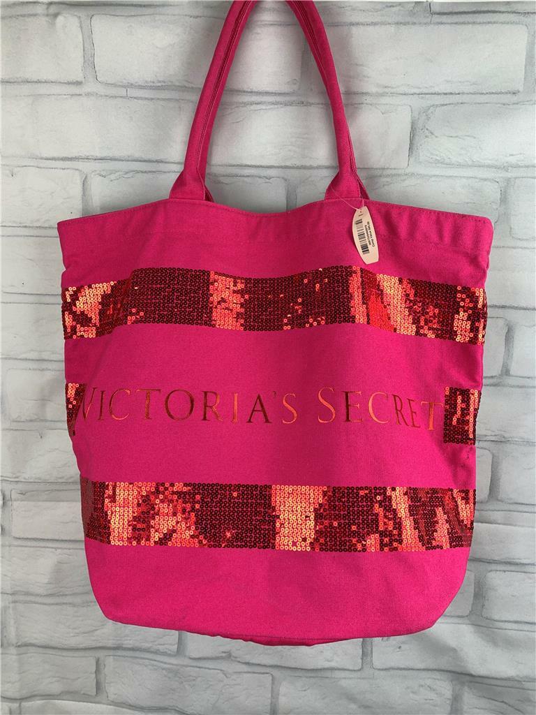 VICTORIA'S SECRET Signature Beach Sequin Tote Bag Canvas Hot Pink