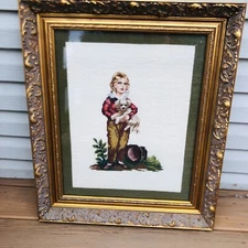 vtg handmade needlepoint beautiful thick gold frame underglass Victorian boy