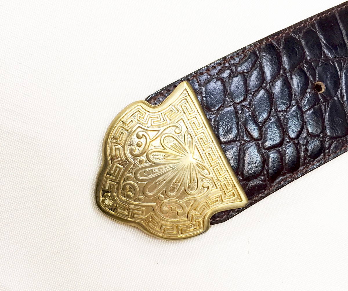 Vintage Linea Pelle by Mira K Brown Croco Belt – Size M, 1980s–90s-GORGEOUS!! LINEA PELLE Mira K Designer Belt Wide Brown Croc Leather  main image 2