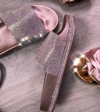 New Women Bling Diamante Rhinestone Crystal Slide Sandal Flip Flop Flat Platform