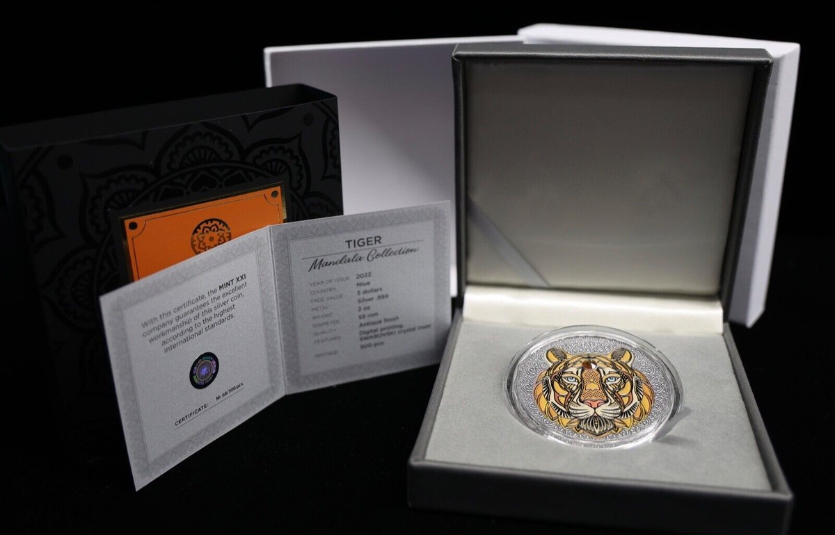 2022 Niue $5 Mandala Collection Tiger Antique Finish 2 oz Silver