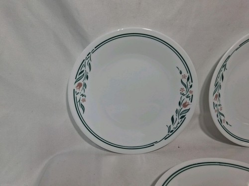 Vtg Corelle Bread Dessert Plates, Rosemarie, Green Trim, Set of Four, 6.75" - Picture 2 of 10