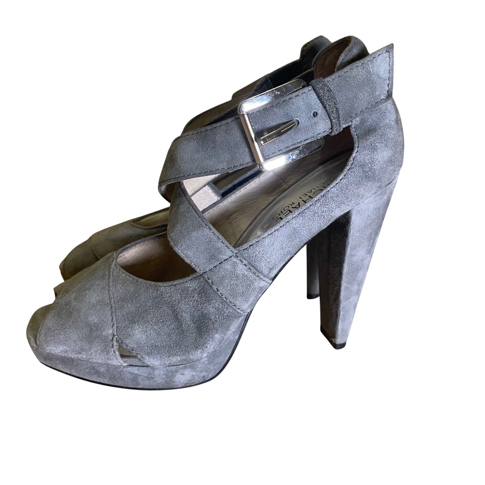 Michael Kors Peep Toe Platform Heels 7.5M Gray Suede Criss Cross Buckle Strap