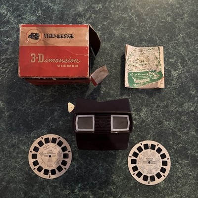 VTG 1950s SAWYER S VIEW-MASTER MODEL E 3-D BAKELITE VIEWER BOX BOOK & 2 REELS