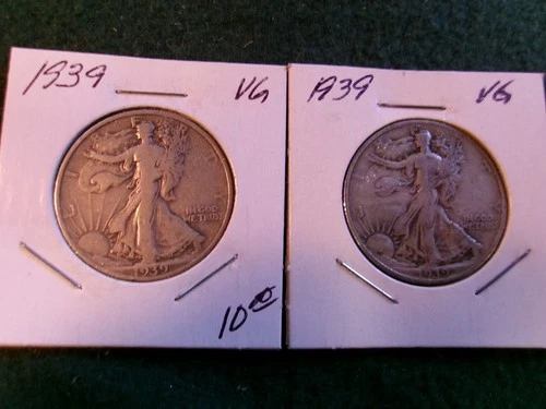 2 - 90% Silver, Walking Liberty Half Dollars in Circulated Condition! (1939 VG)