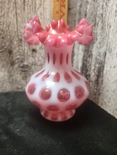 Vintage Fenton Opalescent Cranberry Coin Dot Ruffled Art Glass Vase 6 3/4" Tall