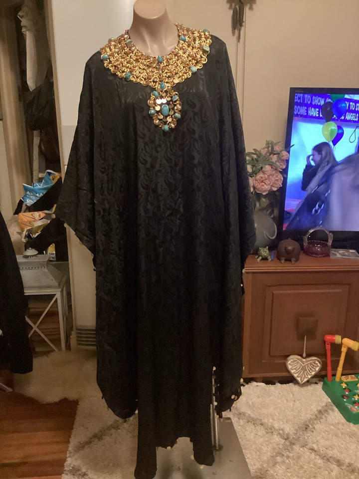 Hippie Boho Black Kaftan Style Maxi Dress Braid Scarab Beatle Detail