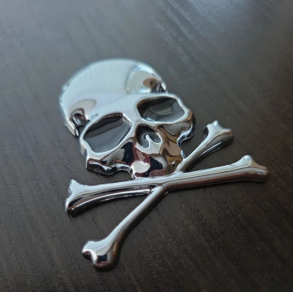 METAL 3D CHROME SKULL AND BONES Car Badge Self Adhesive Sticker Decal ...