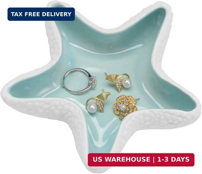 Ceramic Jewelry Dish Ring Holder Trinket Tray Starfish Coastal Decor Blue Gift