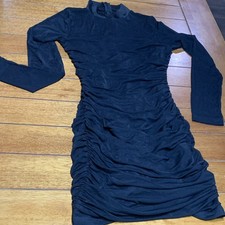 YOUSIFY Black Mesh Ruched Long Sleeve Bodycon Mini Dress Mock Neck Size S