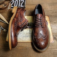 Retro British Men Carved Wing Tip Brogue Real Leather Lace Up Formal Dress Shoes