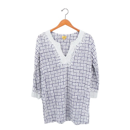 Roberta Roller Rabbit Tunic Top Blue White Print Silver Embroidered V-neck M
