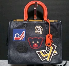 Coach Varsity Patch Rogue 30 Leather Bag Navy Orange Handle 
