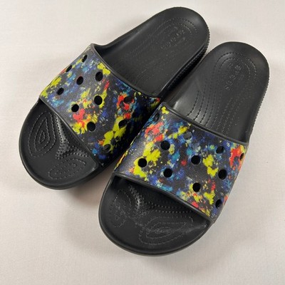 Crocs Classic Sandals Mens 9 Womens 11 Black Tie Dye Paint Splatter Summer Slide