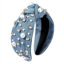 White Denim Blue Pearl Knotted Headband for Women