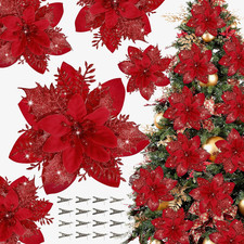 16 PCS Poinsettia Flower Artificial Poinsettias with Clips Christmas Decor Glitt