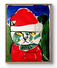 Original Art Grumpy Kitty 14x11 Colorful Modern Art Christmas Painting on Canvas
