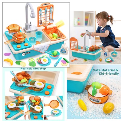 Play Kitchen Sink Toys / Upgraded Real Faucet, Play Cooking Stove, Cookware Pan