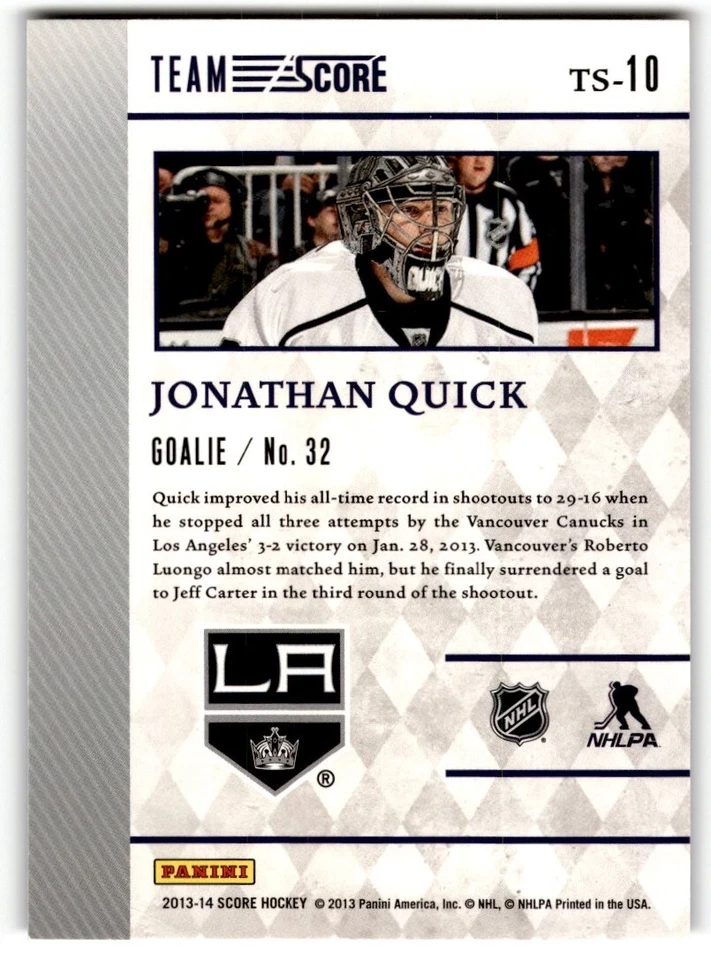 Jonathan Quick 2013-14 Score Team #TS-10 Los Angeles Kings - Image 2 of 2