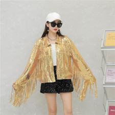 Lady Sequin Tassel Jacket Coat Shiny Top Cardigan Loose Clubwear Costume Fashion